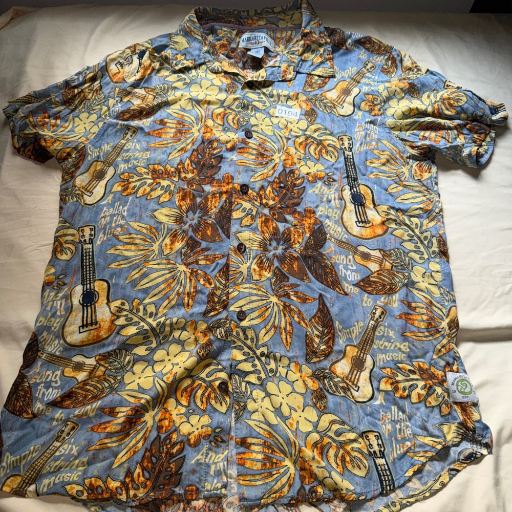 Margaritaville Mens XL Blue Tropical Ukulele Rayon Hawaiian Button Down Shirt